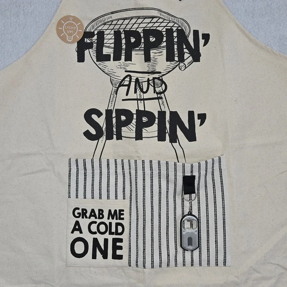 Mud Pie Flippin and Sippin Canvas BBQ Apron with Bottle Opener Light Up One Size